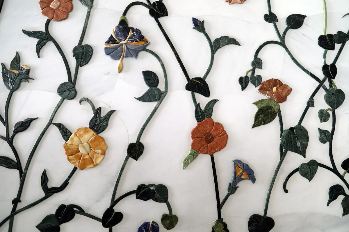 Detail of the semi-precious stone flowers in the marble