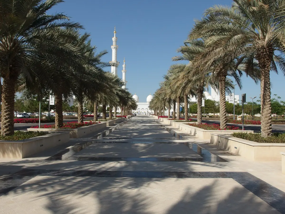 Palm-lined approach to Sheikh Zayed Grand Mosque in Abu Dhabi