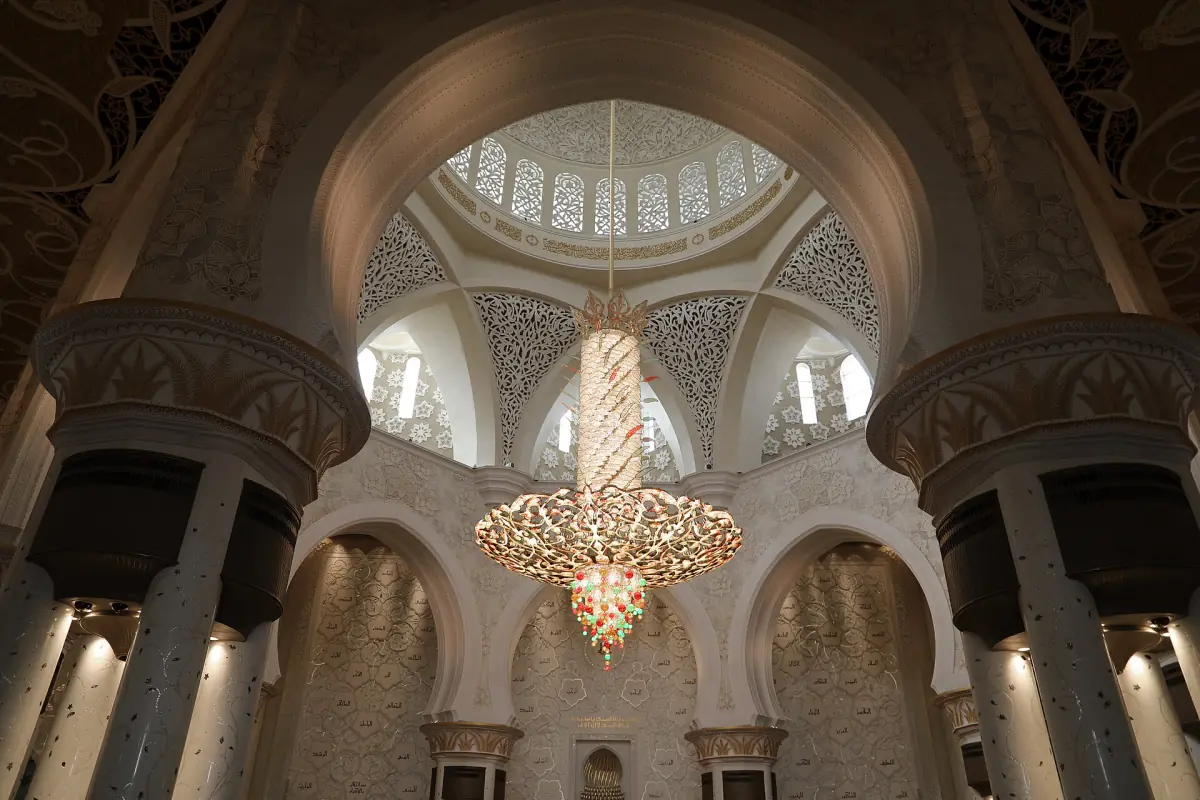 Main prayer hall with chandeliers, domes and columns